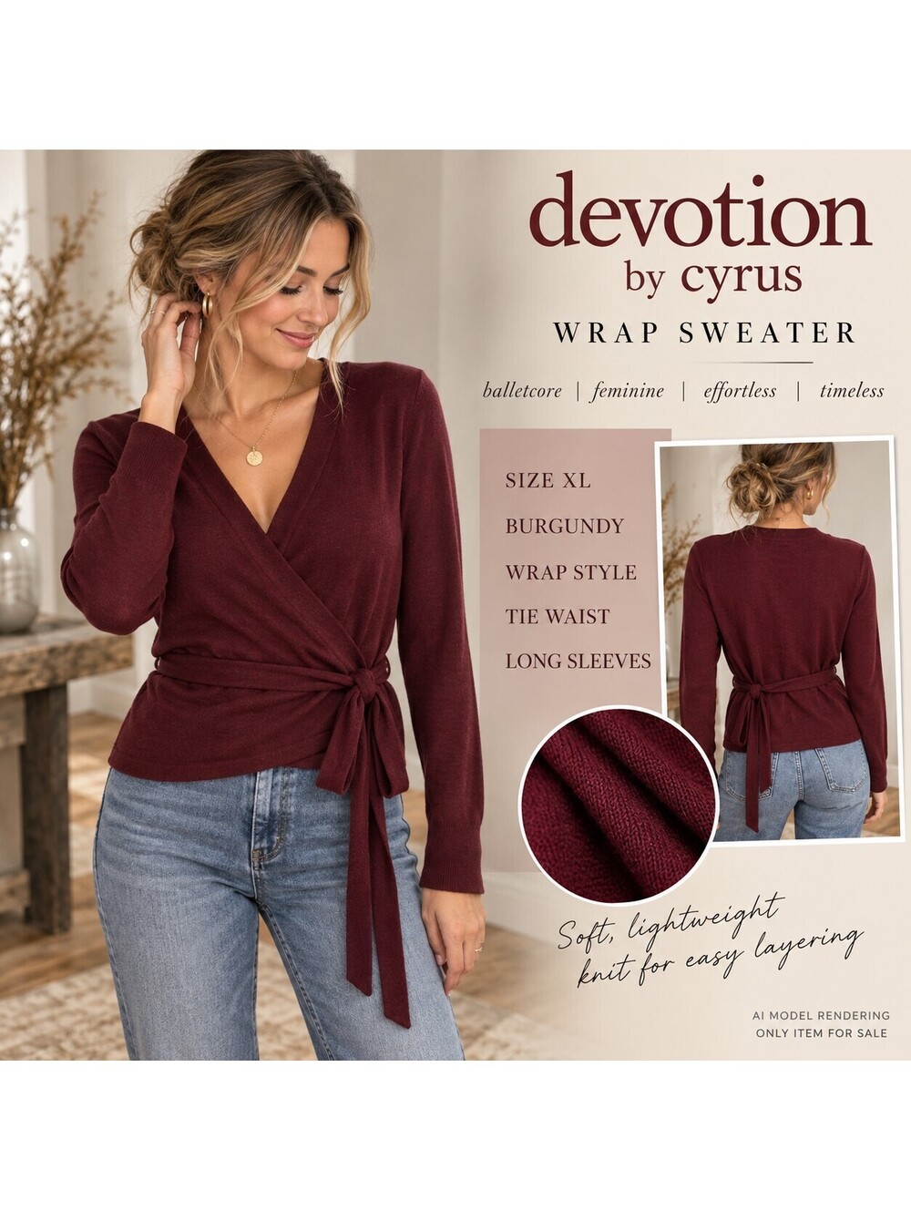 Devotion by Cyrus Burgundy Wrap Sweater XL Balletcore Tie Waist Cardigan